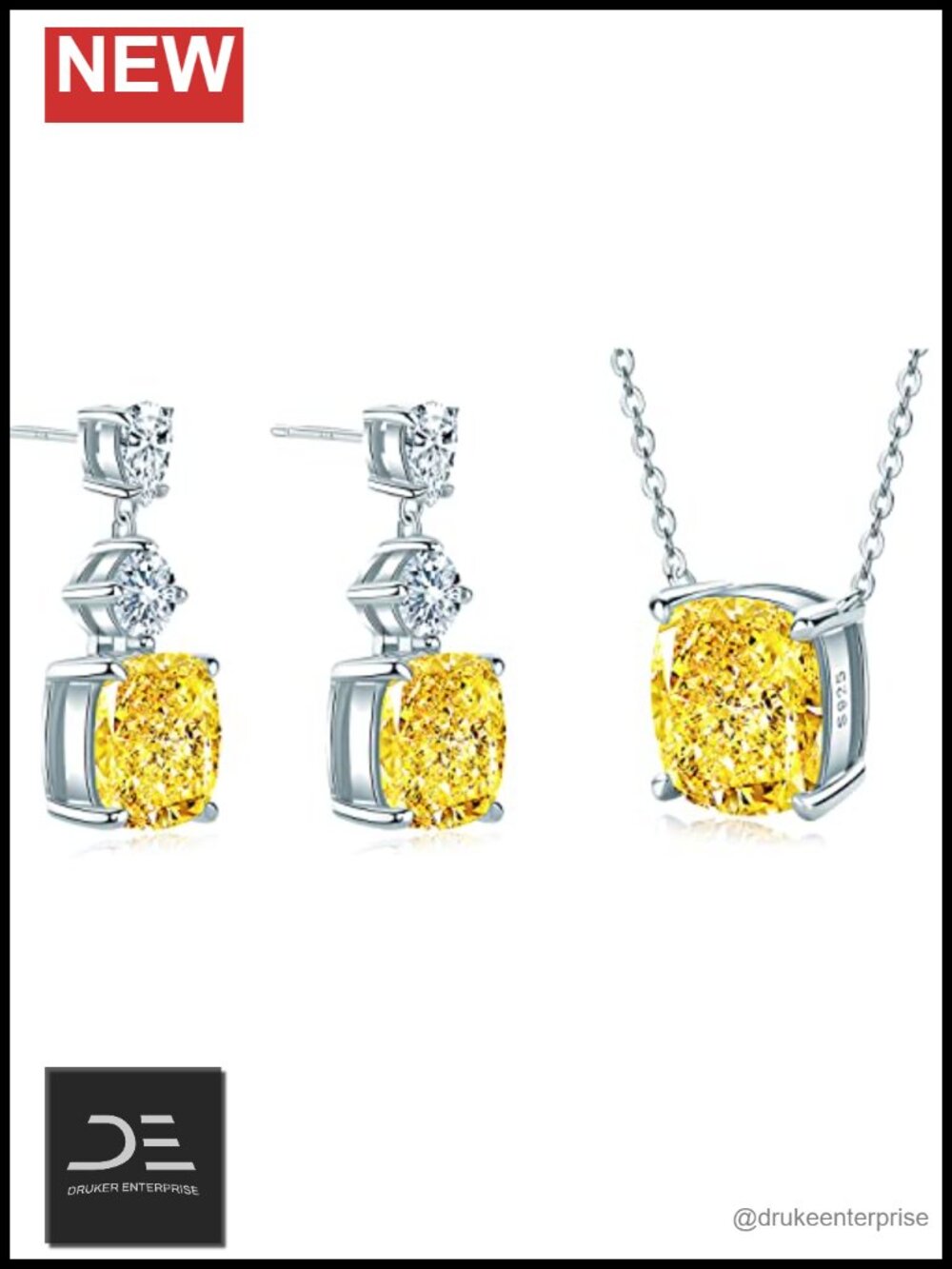 Dangle Yellow Diamond Earrings & Pendant Necklace Set - Cushion Cut Synthetic